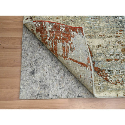 2'7"X13' Gray With Beige All Wool Abstract Design Hand Knotted Runner Rug