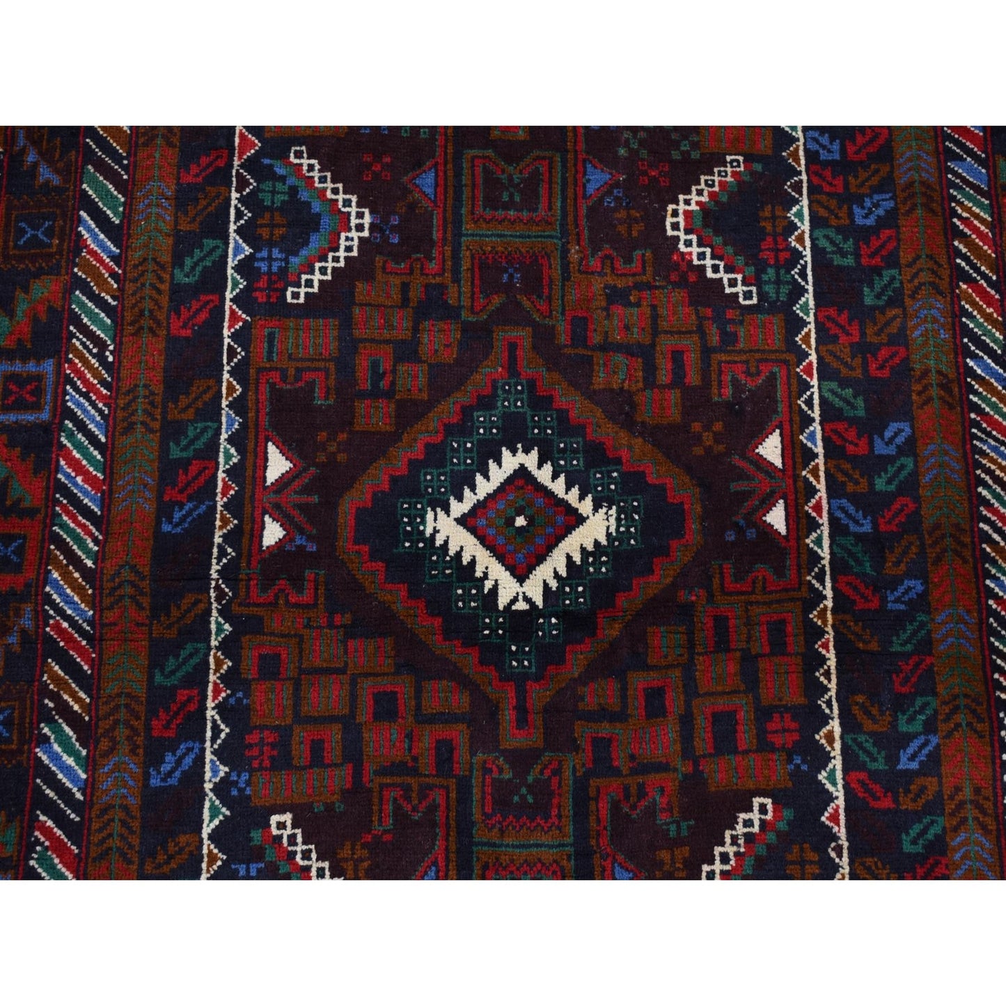 3'7"X6'6" Brown Afghan Baloch Geometric Design Pure Wool Hand Knotted Rug