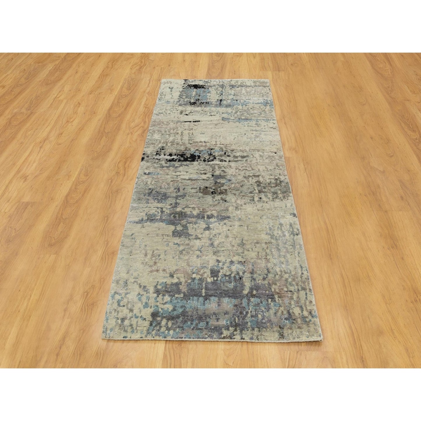 2'6"X7'9" Silver,Blue Wool-Silk Abstract Design Hand Knotted Runner Rug