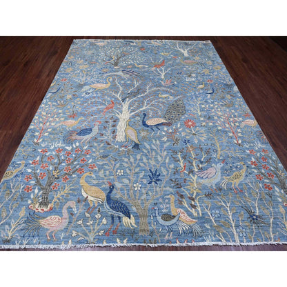 8'X10'1" Yonder Blue Afghan Peshawar Birds Design Hand Knotted Wool Rug