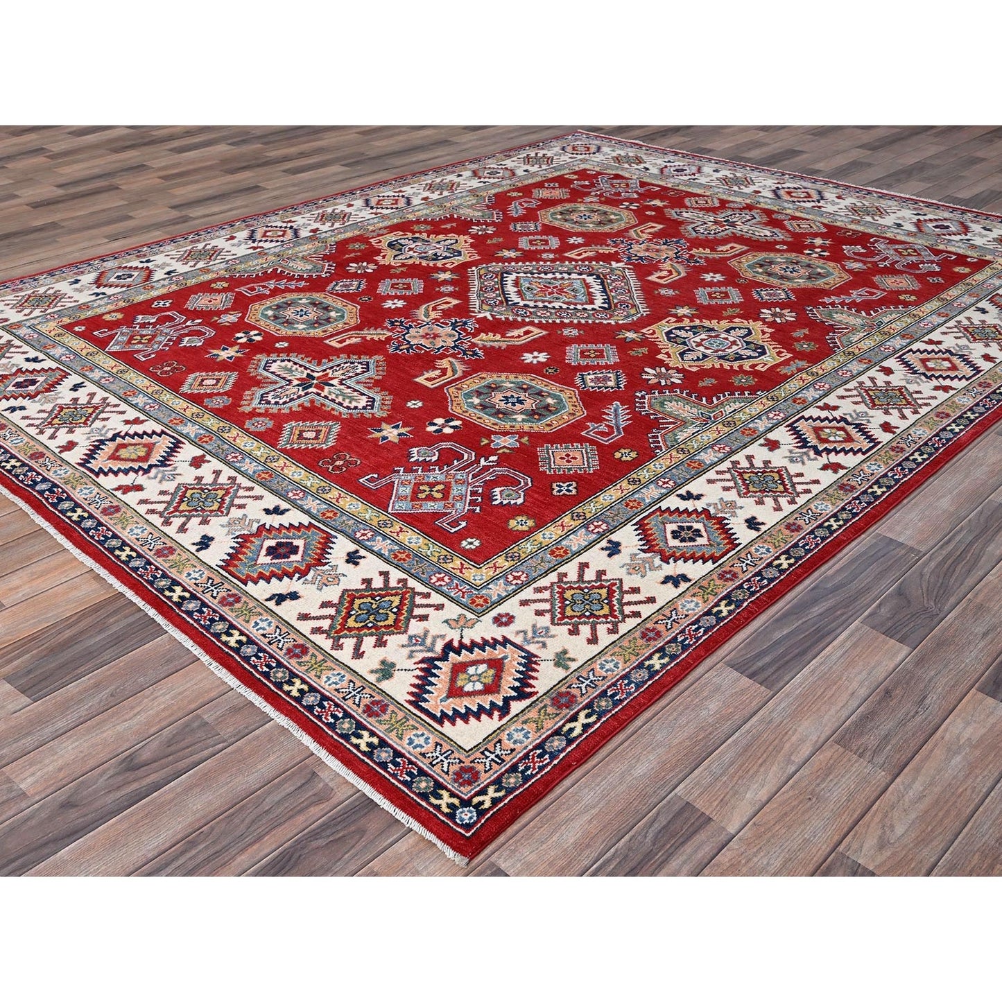 8'1"X10' Geranium Red Hand Knotted Shiny Wool Kazak Design Oriental Rug