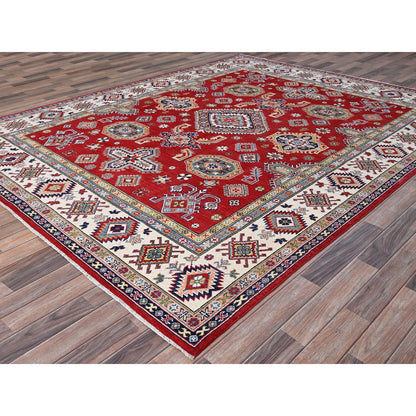 8'1"X10' Geranium Red Hand Knotted Shiny Wool Kazak Design Oriental Rug
