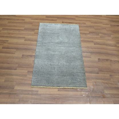 2'X3' Misty Gray Modern Grass Design Hand Knotted Wool With Silk Mat Rug