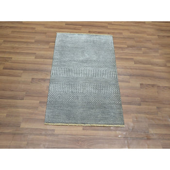 2'X3' Misty Gray Modern Grass Design Hand Knotted Wool With Silk Mat Rug