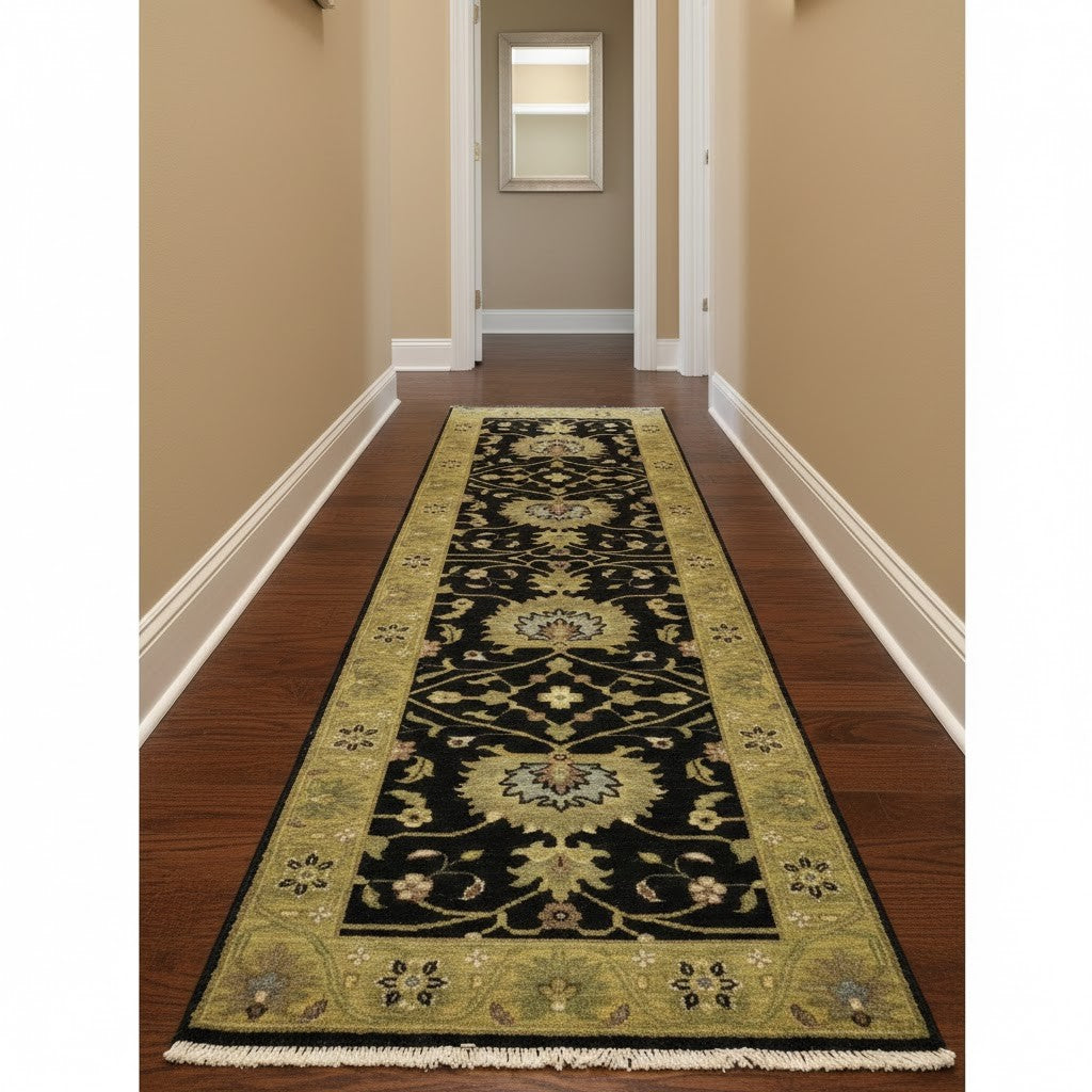Hand-Knotted Oushak Oriental Wool Runner Rug Floral Black Carpet 2'5x7'11 ft