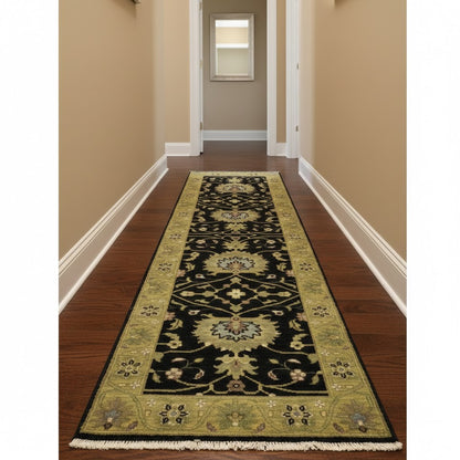 Hand-Knotted Oushak Oriental Wool Runner Rug Floral Black Carpet 2'5x7'11 ft