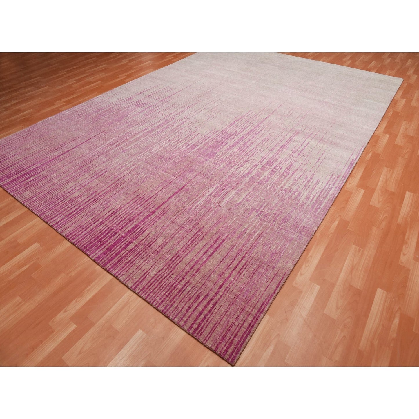 10'X14'3" Pink Natural Wool Hand Knotted Vertical Ombre Design Rug