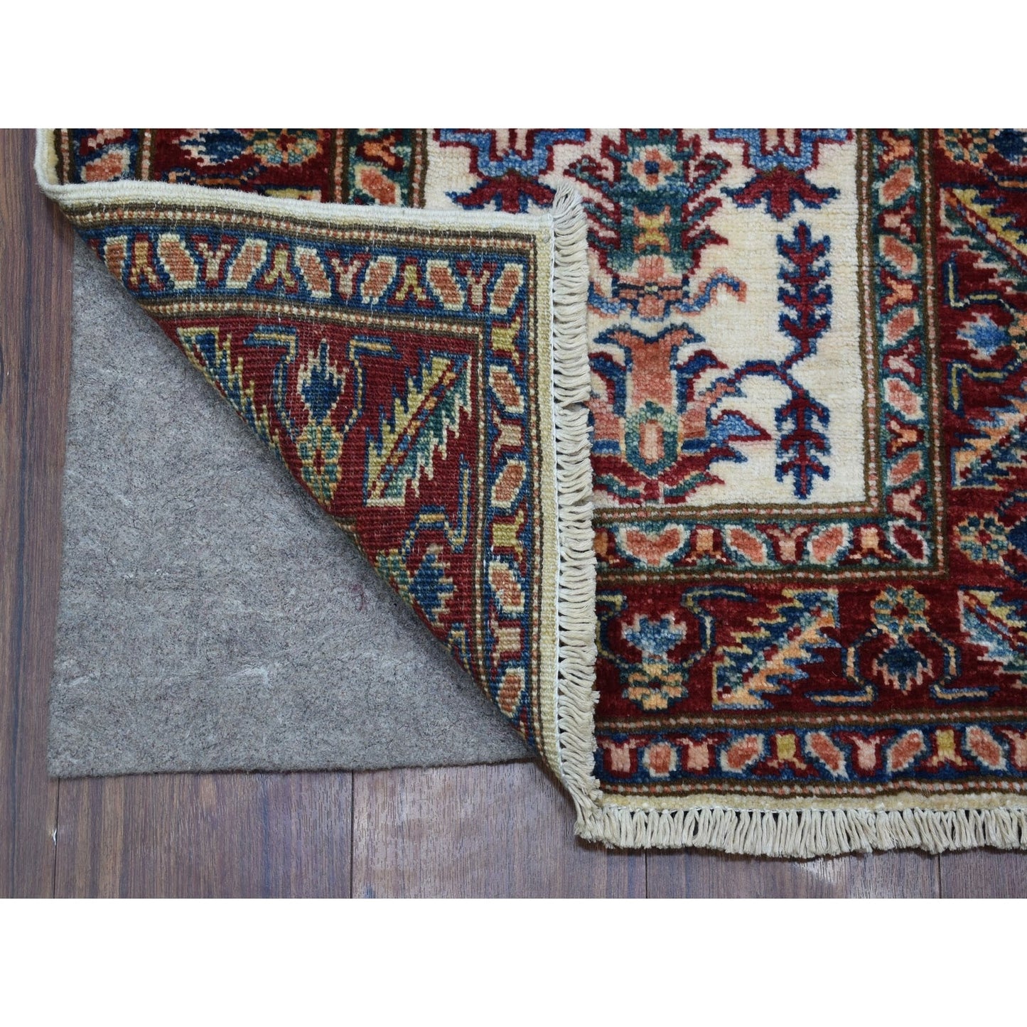 2'X2'10" Ivory Super Kazak Tribal Design Extra Soft Wool Hand Knotted Rug