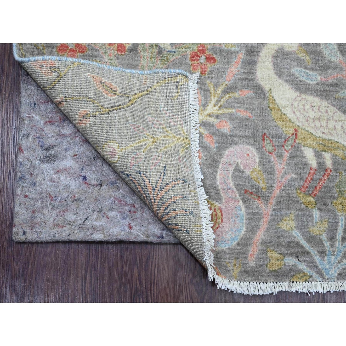 5'1"X12' Gray Hand Knotted Peshawar Birds Design Soft Wool Runner Rug