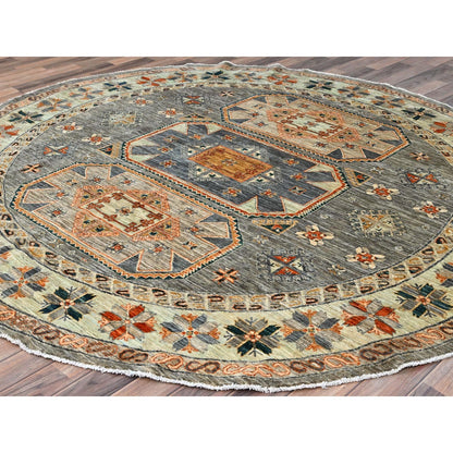 8'X8' Seared Gray Extra Soft Wool Caucasian Design Round Oriental Rug