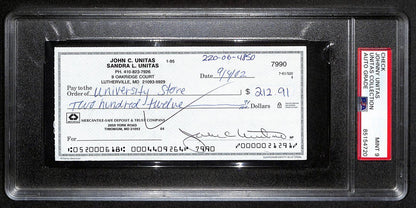 Johnny Unitas Signed 9/ 4/02 Check Psa/Dna Mint 9