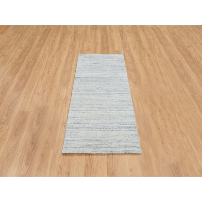 2'6"X6' Ivory Wool Hand Loomed Plain Modern Striae Design Runner Rug