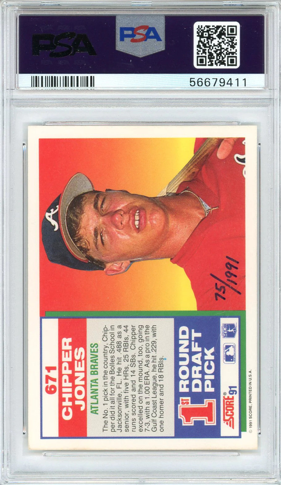 Chipper Jones Autographed 1991 Score Rookie Card #671 (Psa 6/10)