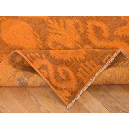 9'1"X12'3" Hand Knotted Pure Wool Orange Cast Overdyed Ikat Oriental Rug