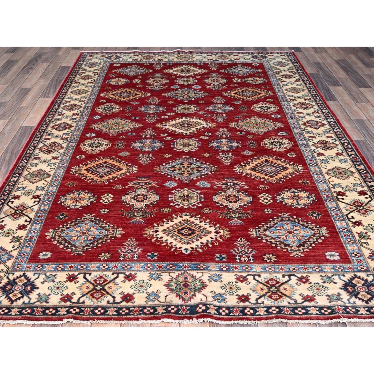 6'X8'8" Fire Brick Red Wool Tribal Super Kazak Hand Knotted Oriental Rug