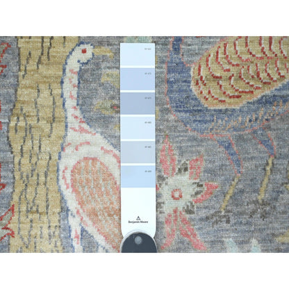 Gray Birds of Paradise Design Hand Knotted Soft Wool Round Rug 5'8"x5'8