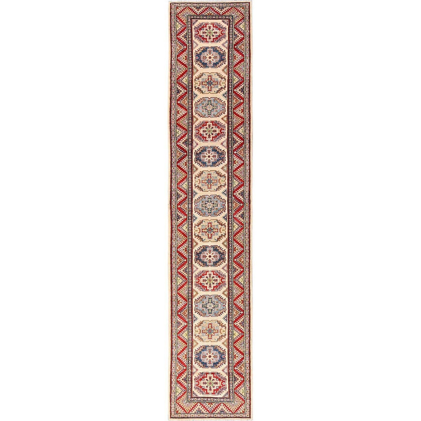 3'X15'5" Ivory Kazak With Geometric Design Rug Hand Knotted Wool Runner