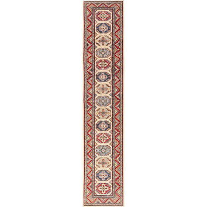 3'X15'5" Ivory Kazak With Geometric Design Rug Hand Knotted Wool Runner