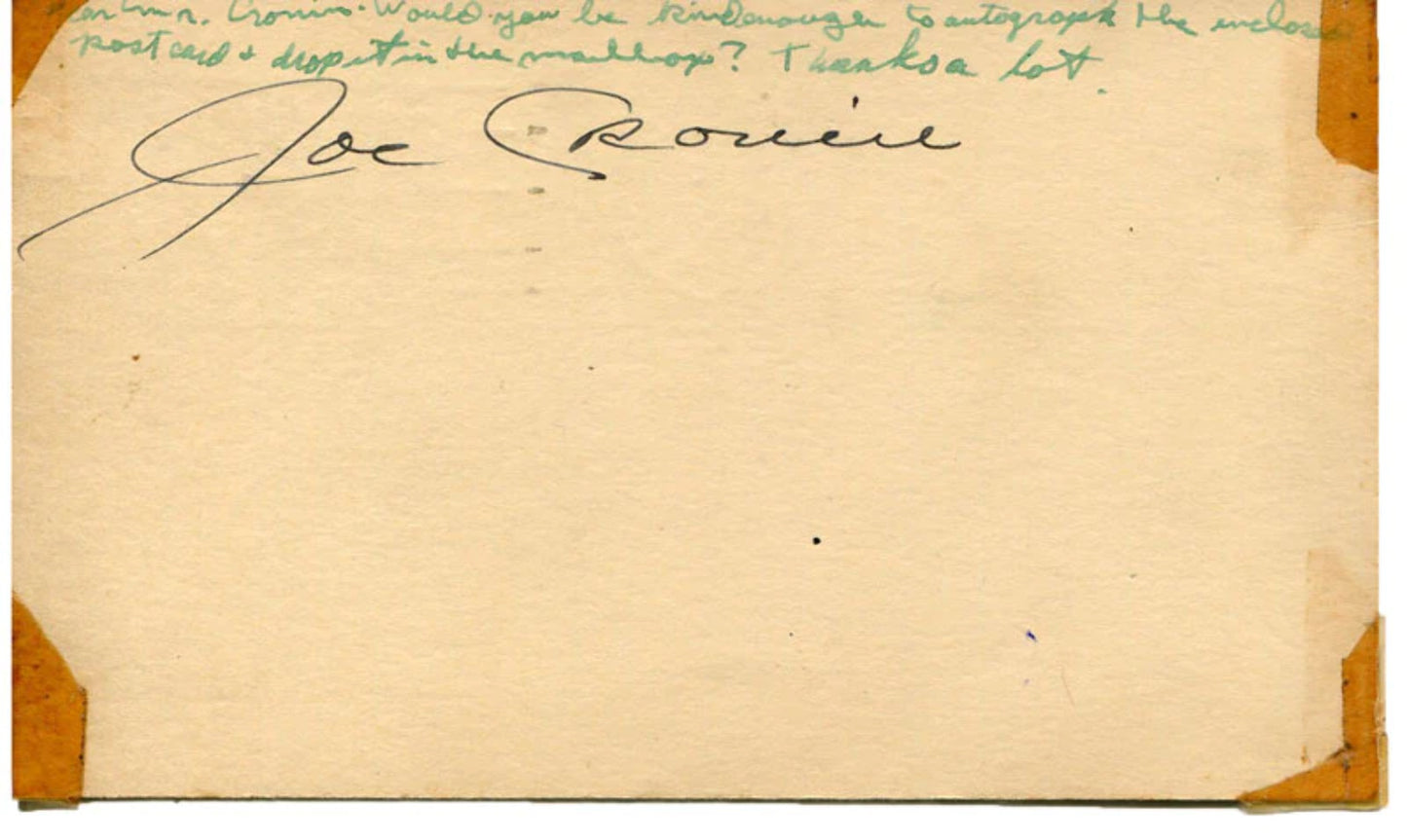 Joe Cronin Autographed 3X5 Postcard