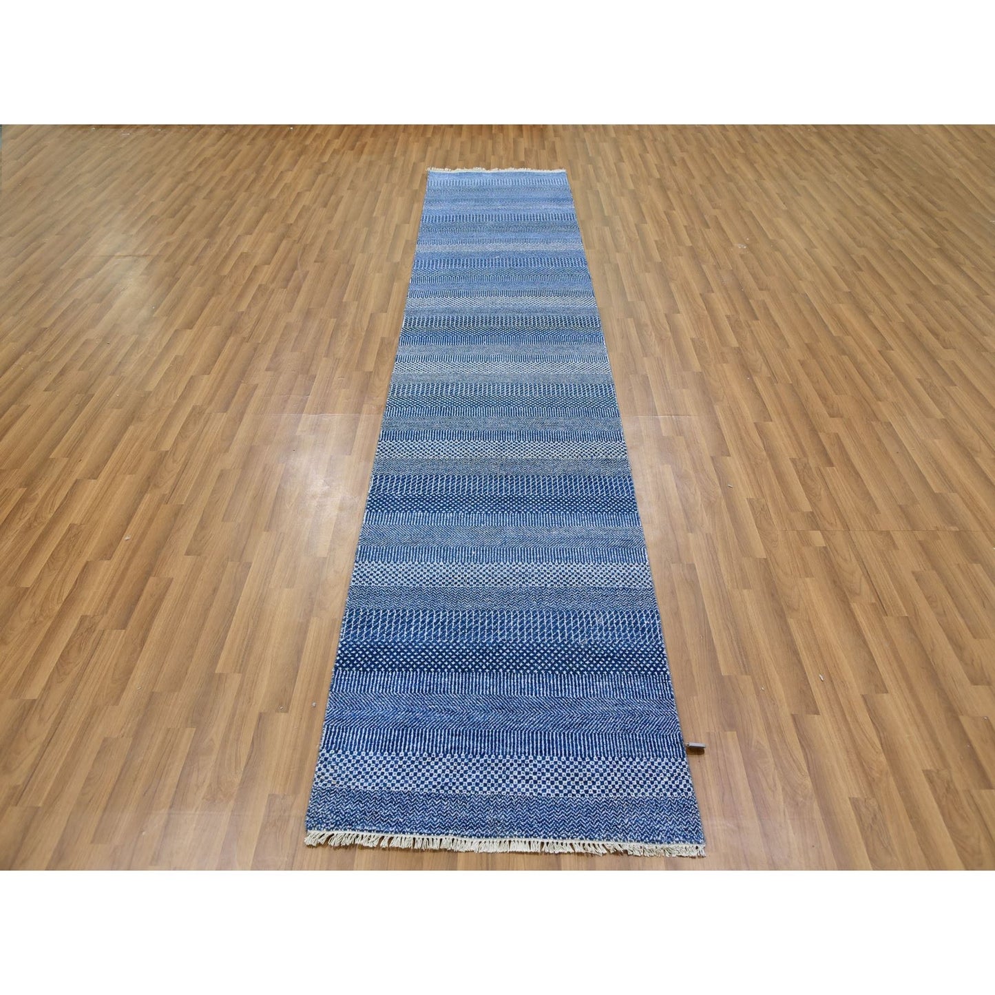 2'7"X12' Penn Blue Modern Grass Wool And Silk Hand Knotted Runner Rug