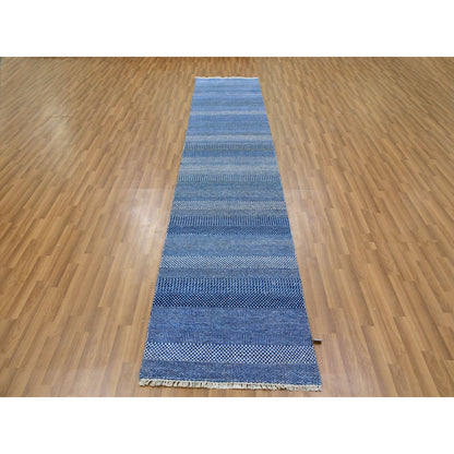 2'7"X12' Penn Blue Modern Grass Wool And Silk Hand Knotted Runner Rug