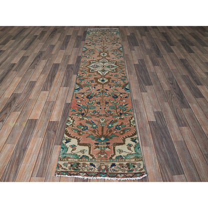 2'X9' Salmon Pink Vintage Zoroastrian Heris Hand Knotted Wool Runner Rug