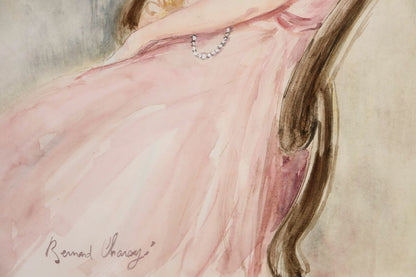 Bernard Charoy Original Watercolor Painting "Lady In Pink Dress" Signed French