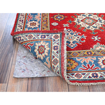 3'8"X4'10" Crimson Red Kazak With Tribal Motifs Hand Knotted Soft Wool Rug