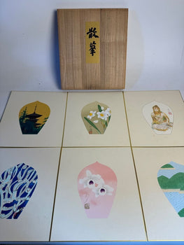 Tomikichiro Tokuriki Sange Woodblock Print Set Of 6  Pagoda, Buddha, Flowers