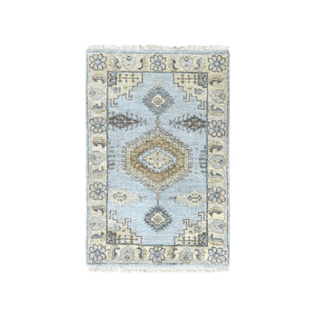 2'X3' Gray Village Inspired Geometric Design Wool Hand Knotted Mat Rug