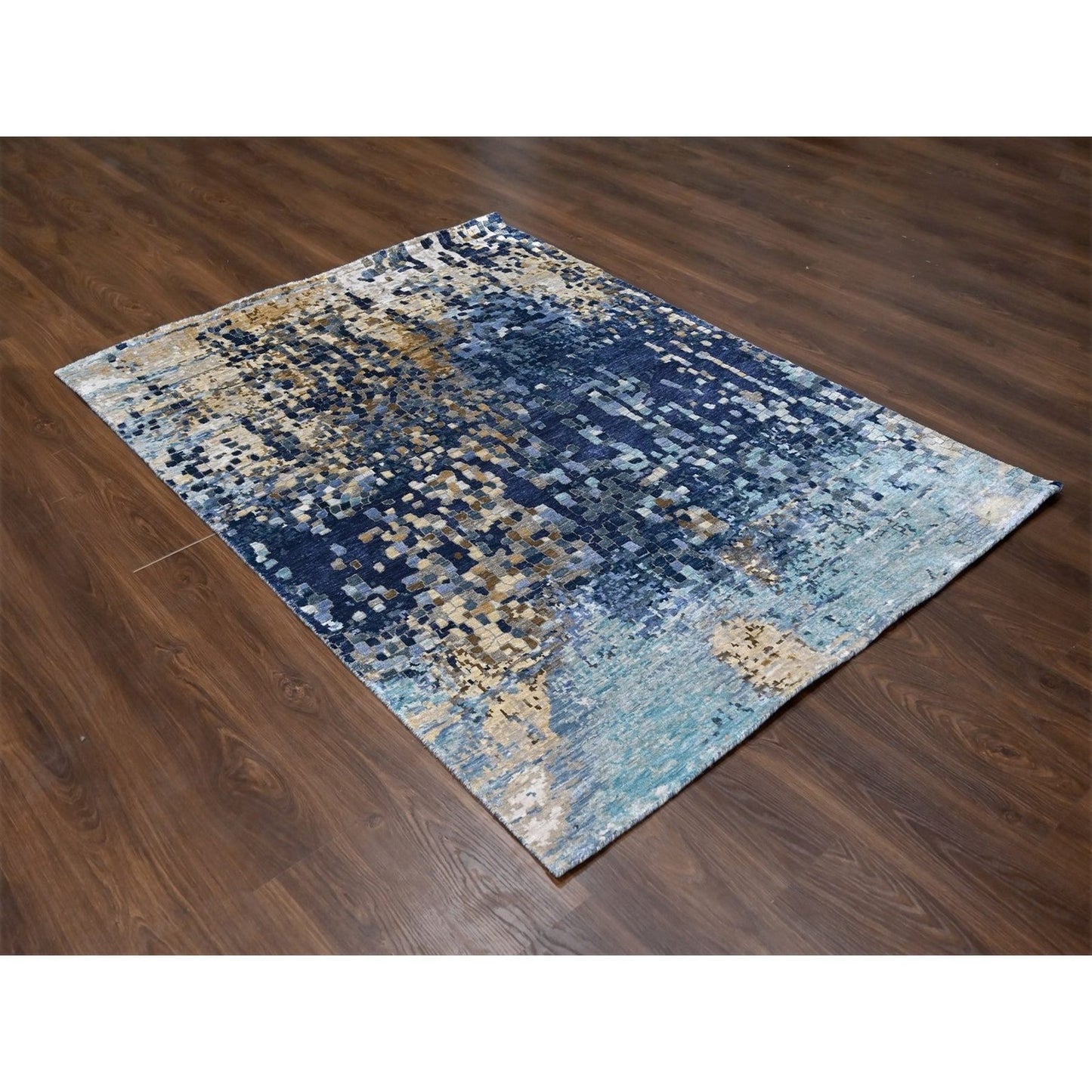 4'10"X6'10" Blue-Gold Modern Mosaic Design Hand Knotted Wool And Silk Rug