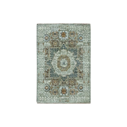 2'1"X3'1" Sage Green Rug Wool Pre Historic Mamluk Design Hand Knotted Mat