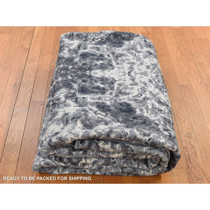 9'2''X12' Black Hand Knotted Wool And Silk Modern Tie Dye Design Rug