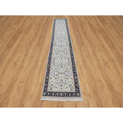 2'8"X14' White Nain Flower Design Wool And Silk Hand Knotted Runner Rug