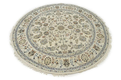 Hand-Knotted Indo-Nain Round Oriental Rug Cream