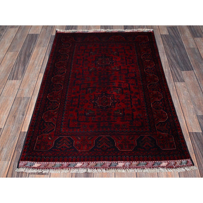 2'7"X3'10" Red Hand Knotted Afghan Khamyab Geometric Design Wool Sample Rug