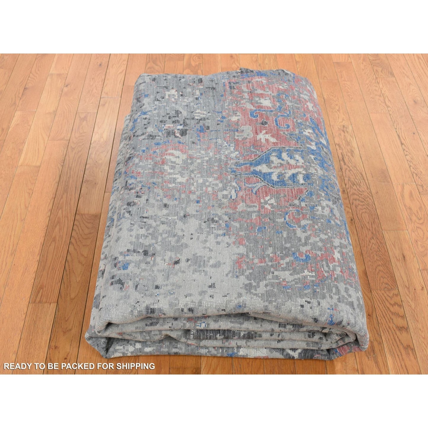 9'2"x12' Arsenic Gray Wool and Silk Erased Heris Design Hand Knotted Rug