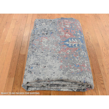9'2"x12' Arsenic Gray Wool and Silk Erased Heris Design Hand Knotted Rug