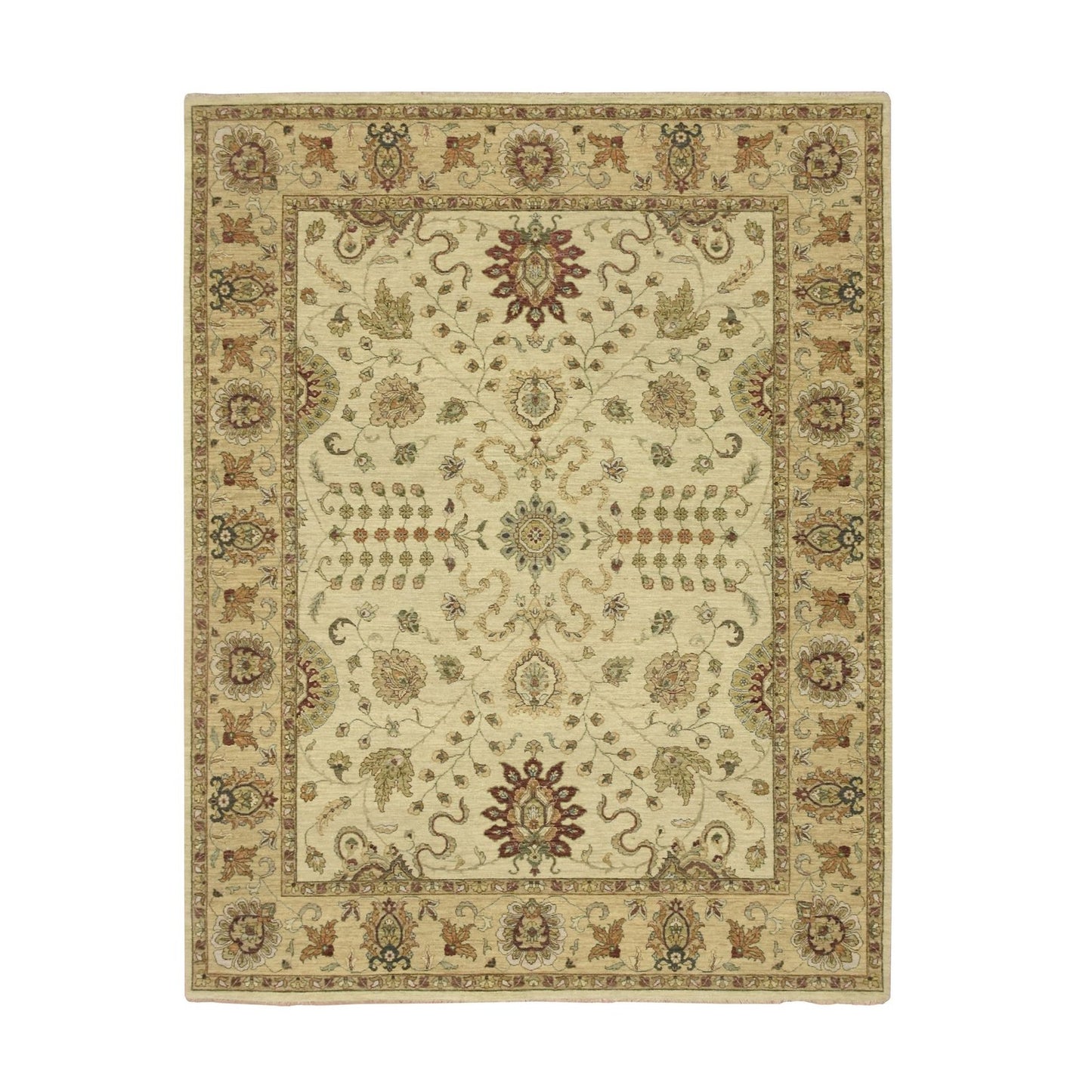 7'3"X9'3" Ivory Hand Knotted Agra Ziegler Design Leaf Pattern Wool Rug
