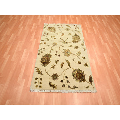 4'X6' Parchment White Botanical Design Wool And Silk Hand Knotted Rug