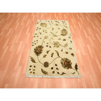 4'X6' Parchment White Botanical Design Wool And Silk Hand Knotted Rug