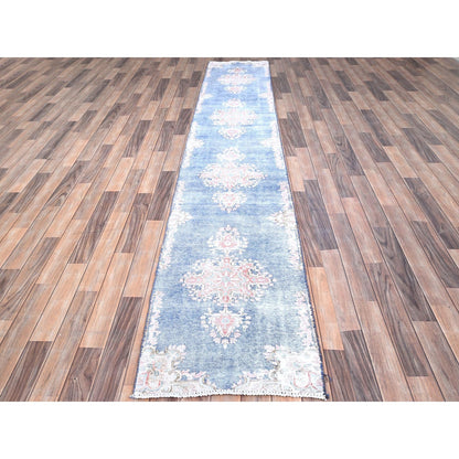2'1"X11'9" Blue Wool Hand Knotted Vintage Zoroastrian Karman Runner Rug
