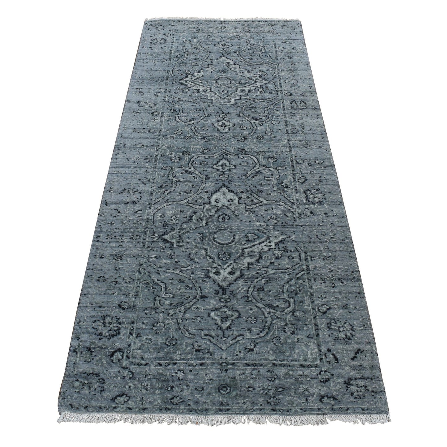 2'9"X7'10" Gray Zoroastrian Design Silk With Wool Hand Knotted Runner Rug