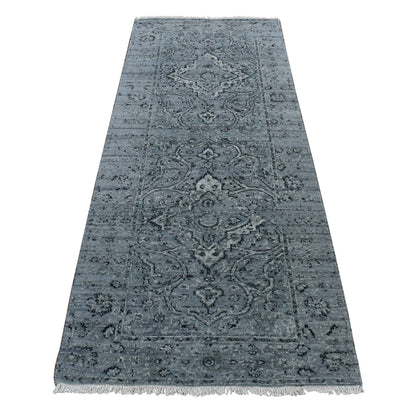 2'9"X7'10" Gray Zoroastrian Design Silk With Wool Hand Knotted Runner Rug