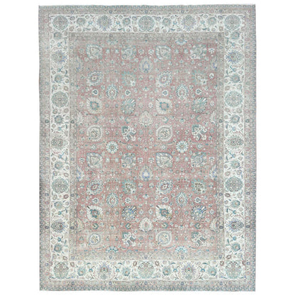 11'1"X14'7" Red Vintage Farsian Tebraz Worn Down Wool Hand Knotted Rug