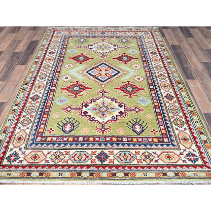 4'1"X5'10" Green Natural Dyes Soft Wool Hand Knotted Kazak Oriental Rug