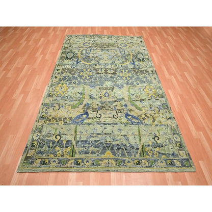 6'1"X9'3" Green Broken And Erased Birds Design Hand Knotted Pure Wool Rug
