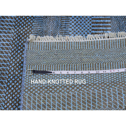 2'7"X9'6" Blue Hand Knotted Grass Design Dyed Wool And Silk Runner Rug