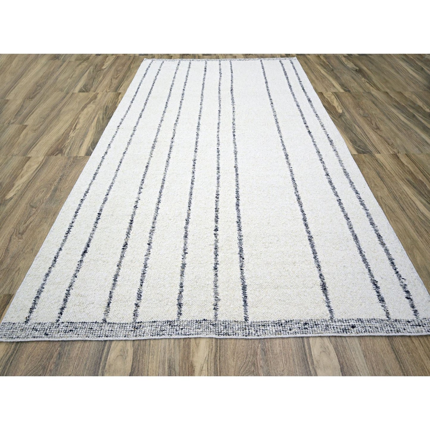 9'3"X12'1" White Moroccan Weave With Line Design Wool Hand Knotted Rug