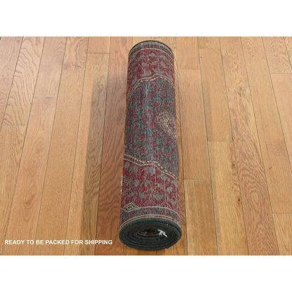 2'6"X9'10" Green Vintage Look Mamluk Worn Wool Hand Knotted Runner Rug